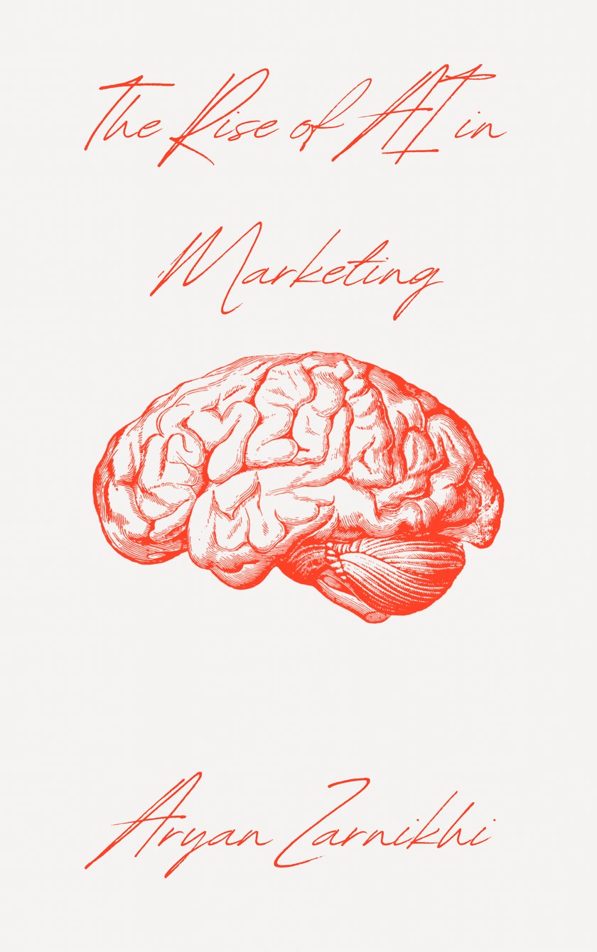 Cover of The Rise of AI in Marketing by Aryan Zarnikhi: a red line-art illustration of a human brain under the handwritten title.